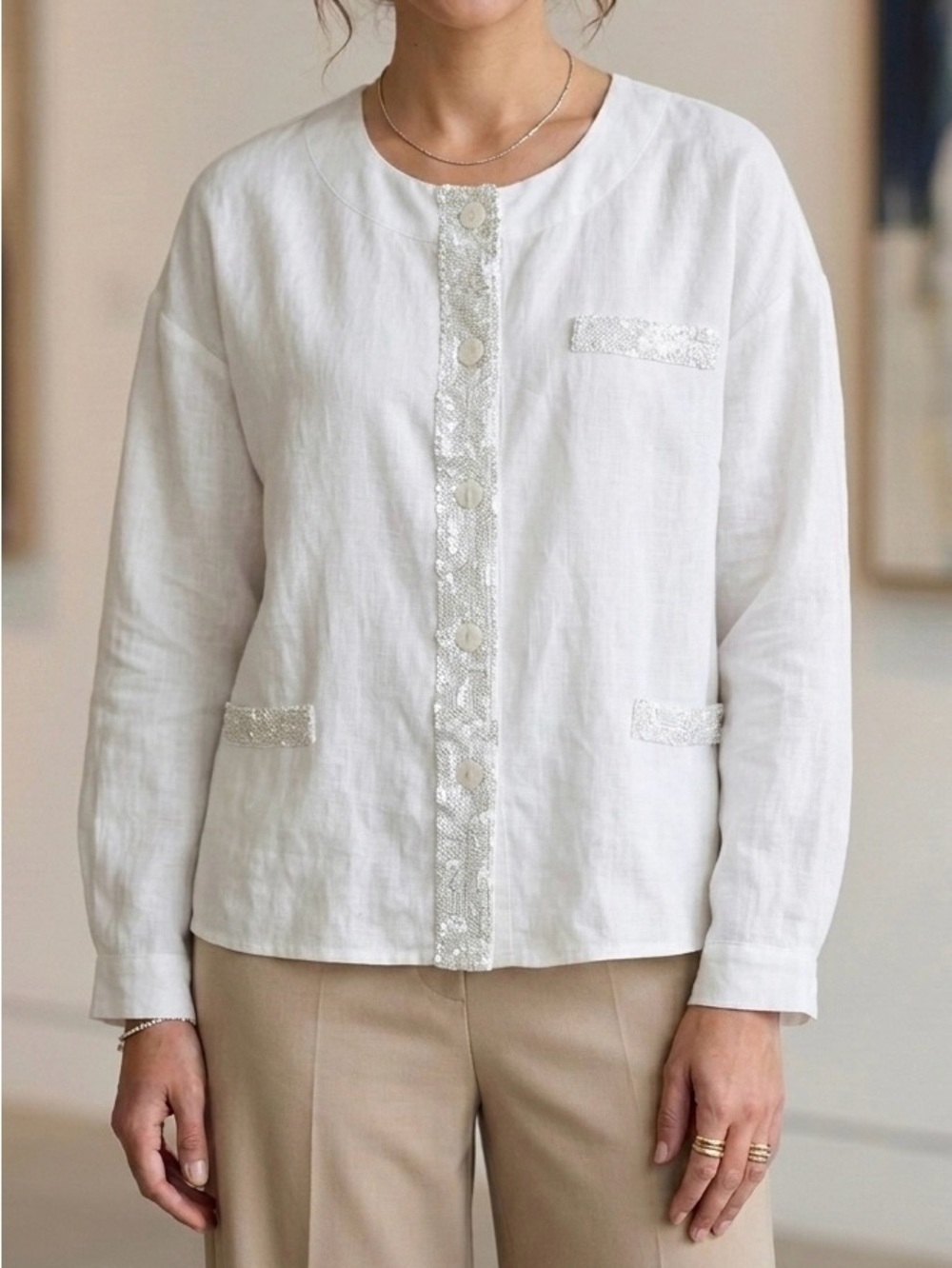 Mode Tricotto Linen Jacket M White Sequin Embellished Button Up Lagenlook